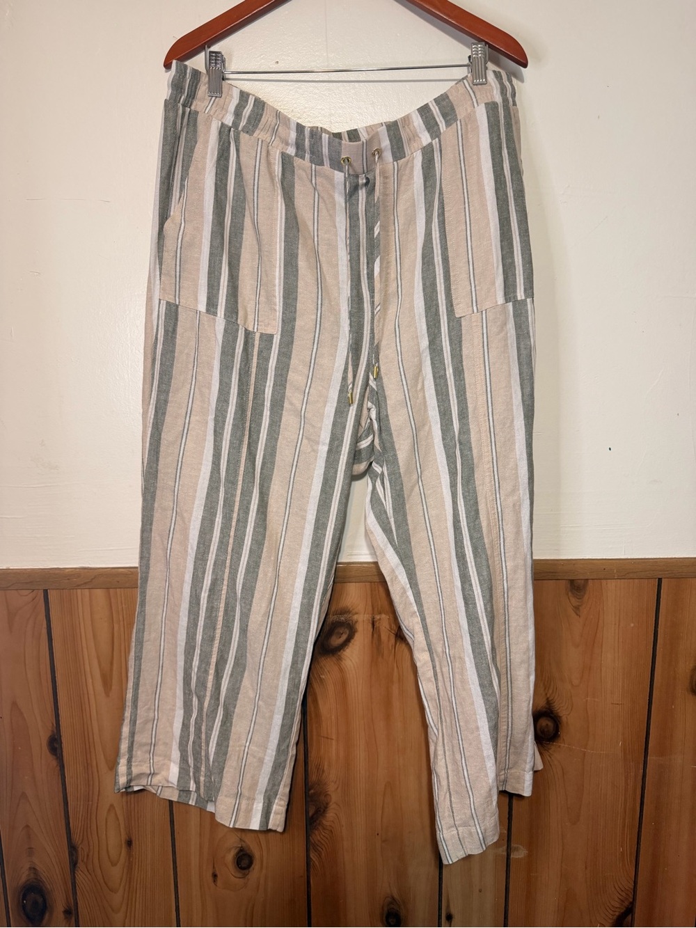 Ellen Tracy Beige, Cream & Green Striped Drawstring Chinos
